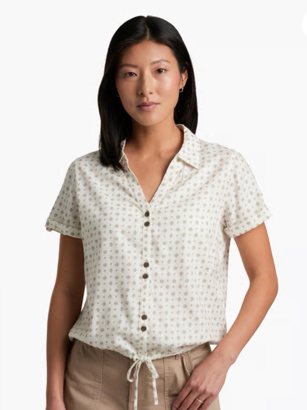 Kuhl Liliana Cream Button-Front Short Sleeve Shirt with Taupe Dot Print